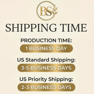 May include: Cream-colored graphic with the text "SHIPPING TIME" and a gold-colored logo at the top. Below, it lists production and shipping times: 1 business day, 3-5 business days, and 2-3 business days.