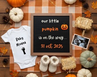 May include: A seasonal baby announcement featuring pumpkins, autumn leaves, and a message board. The board says "our little pumpkin is on the way... 31 oct 2025." There's a white babygrow with "Baby Moana" and a hand graphic, plus baby bootees and an ultrasound scan.