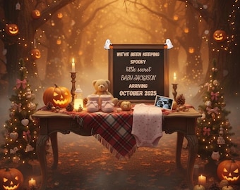 May include: A Halloween-themed baby announcement. A table is set with a carved pumpkin, candles, a teddy bear, baby shoes, and a onesie. A chalkboard reads "We've been keeping a spooky little secret, Baby Jackson arriving October 2025."