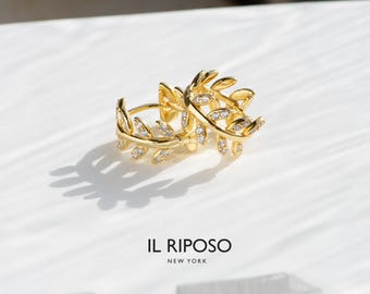 Pendientes de aro con hoja de circonita cúbica / Plata de ley 925 / Chapado en oro de 14 quilates