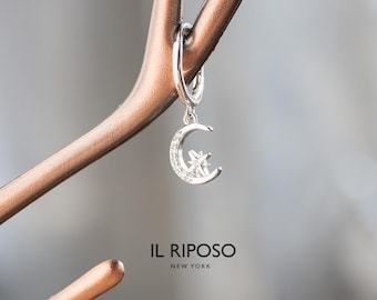 Aros de plata de ley con luna y estrella, aros celestiales de circonita cúbica