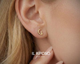 Pendientes de plata de ley con forma de gato sobre la luna