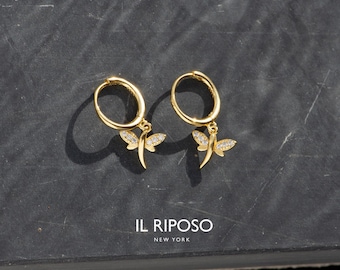 Pendientes de aro con forma de libélula – Plata de ley con baño de oro de 14 quilates