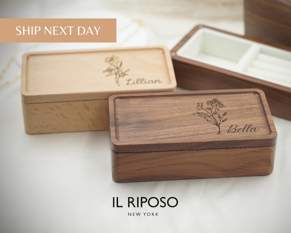 Personalized Wood Jewelry Box: Engraved Travel Case, Birthday Gift