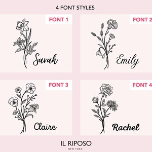 Puede incluir: Cuatro opciones de dise&ntilde;o floral con nombres en diferentes fuentes. Cada dise&ntilde;o presenta un dibujo lineal negro de un arreglo floral con un nombre debajo. El texto "4 FONT STYLES" est&aacute; en la parte superior. La marca "IL RIPOSO NEW YORK" est&aacute; en la parte inferior.