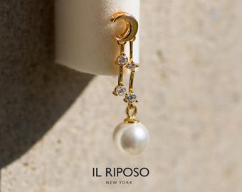 Pendientes colgantes de perla, luna y estrella doradas: joyería minimalista de plata de ley - IR3022G