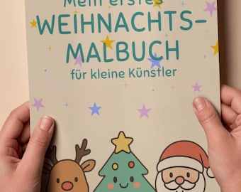 Może przedstawiać: Kolorowanka dla dzieci zatytułowana "Mein erstes WEIHNACHTS-MALBUCH" z ilustracjami renifera, choinki i Świętego Mikołaja. Okładka jest jasnobeżowa z kolorowymi gwiazdkami i tekstem.