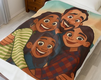 Personalized Cartoon Plush Blanket | Throw with Family Portrait | Custom From Your Photo