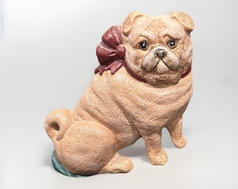 Vintage Retired Dept 56 gietijzeren handgeschilderde mopshond deurstopper kerststrik