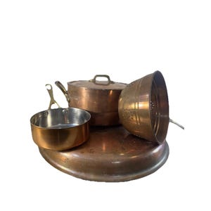 Vintage Copper 10" skillet Large Stock Pot With Lid Small Pot And Colander