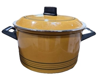 Marmite Siegwerk vintage en acier inoxydable émaillé jaune avec couvercle MCM