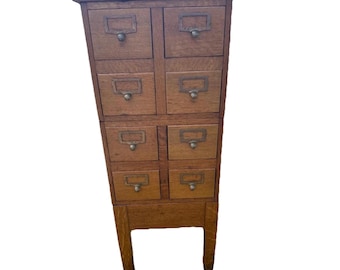 antique Tiger Oak 8 Drawer Library Card Catalog Cabinet Brass Hardware Vintage