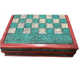 VTG Einzigartiges Maya Azteken Konquistador Schach Set Malachitstein Holz Sammler