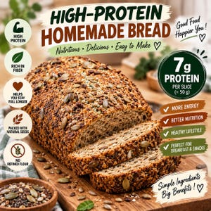 May include: A loaf of high-protein homemade bread topped with various seeds, sliced on a wooden board. Text includes: High-Protein Homemade Bread, 7g Protein Per Slice (~ 50 g), Nutritious, Delicious, Easy to Make, More Energy, Better Nutrition, Healthy Lifestyle.