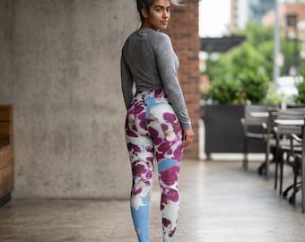 High Waisted Orchid Floral Yoga Leggings | Blue Sky Background