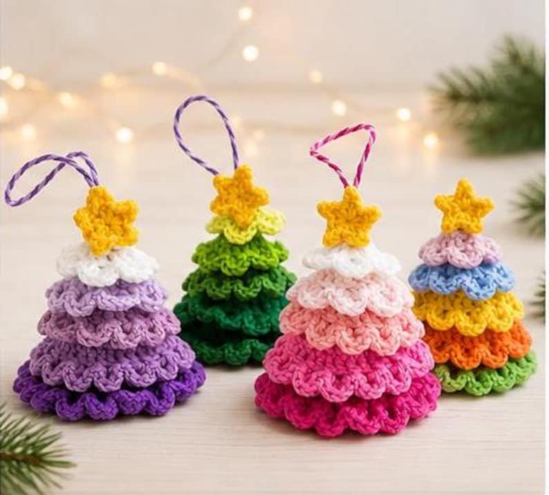 Op de afbeelding: Vier kegelvormige gehaakte ornamenten in de vorm van kerstbomen. Elke boom heeft gelaagde geschulpte lagen in verschillende kleuren, waaronder paars, groen, roze en regenboogkleuren, bekroond met een kleine gele ster en een paars-witte lus.