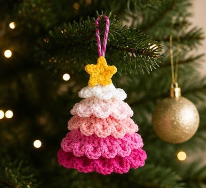 Op de afbeelding: Een gehaakte kerstboomversiering met een verloop van roze en witte garenlagen, bekroond met een klein geel gehaakt sterretje. Het ornament hangt aan een roze en wit gedraaid koordje en heeft een getextureerd ontwerp met verschillende lagen.