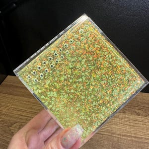 May include: A clear, square container filled with green and orange glitter. The top has a series of small, evenly spaced holes. The container is held in a hand, with a wooden surface in the background.