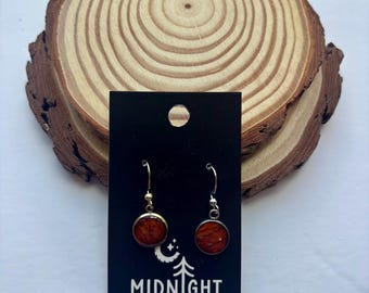 Puede incluir: Un par de pendientes con un diseño circular de color marrón rojizo engastado en un bisel dorado. Los pendientes cuelgan de un gancho plateado. Los pendientes se exhiben en una tarjeta negra con el texto "MIDNIGHT TIMBER CO."