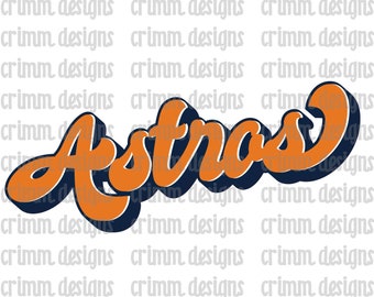 Op de afbeelding: Gestyleerde tekst in oranje en marineblauw die "Astros" leest met een 3D-effect.