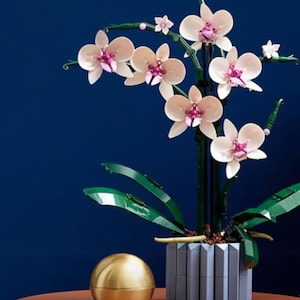 Peut inclure: Une plante d'orchidée Lego avec des fleurs roses et violettes claires, des tiges et des feuilles vertes, et un pot gris. Une sphère dorée est située à gauche de la plante. Le fond est bleu foncé.