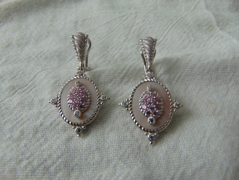 judith ripka sterling silver genuine pink topaz stones clear czs mother of pearl pierced dangle earrings mint unused signed wedding bridal