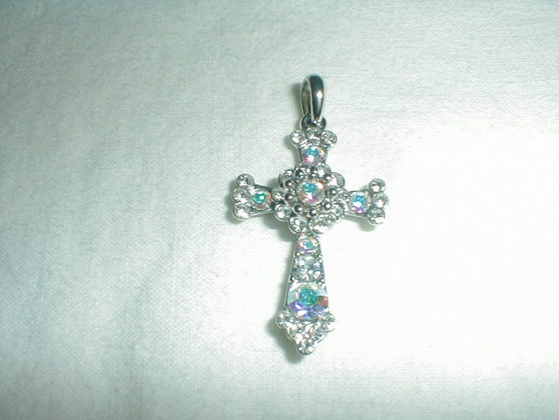 Vintage Premier Designs Crystal Cross Pendant Aurora Borealis Image 0