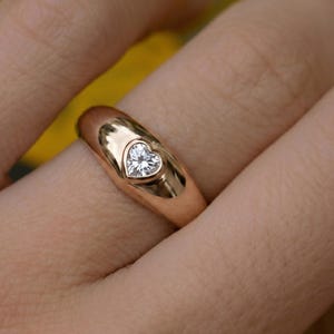 Flush Setting Wedding Band, Solitaire Dome Style Ring, Heart Shape Moissanite Engagement Band, Cigar Band In 14K Yellow Gold, Stackable Band