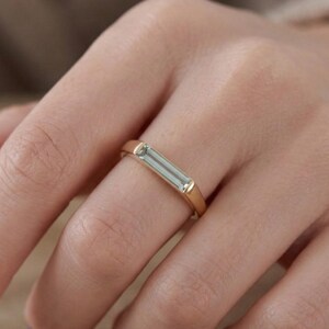 Teal Elongated Baguette Engagement Ring, 14K Gold Solitaire Moissanite Diamond Ring