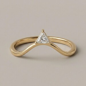 Curved 14K Yellow Gold Wedding Band, Trilliant Moissanite Engagement Ring