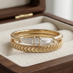 Art Deco Baguette Diamond Engagement Ring, Three Stone Gold Band, 14K Yellow Gold