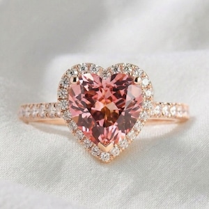Pink Heart Diamond Moissanite Engagement Ring, Unique Halo Wedding Anniversary Ring, Birthday Gift In 14K Solid Yellow Gold, Promise Ring