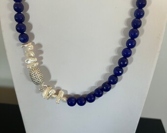 Royal Blue Beaded Necklace with Pearls and Pave Crystal Bead Accents - Women’s Beaded Necklace - Pearl Necklace