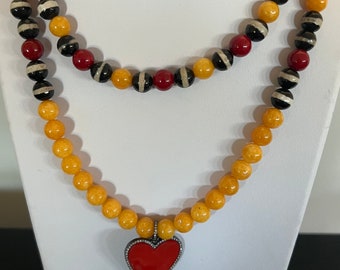 Womens Beaded Necklace - Agate Necklace - Jade Necklace - Red and Yellow Necklace - Beaded Necklace - Gemstone Necklace - Heart Pendant