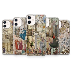 May include: A collection of phone cases with medieval-themed designs. Each case features a unique collage of illustrations, including swords, figures in robes, and architectural elements, set against a backdrop of aged parchment.