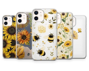 Funda de teléfono con diseño de girasol y abeja con efecto floral para iPhone 17Pro, 16, 15, 14, 13, Samsung S25, S24, S23, A56, A15, Pixel 10Pro, 9A, 8A, 8Pro y 7A.