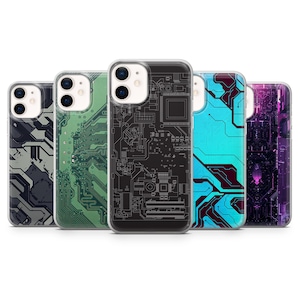 May include: A collection of five phone cases with circuit board designs. The cases feature various color schemes, including green, black, blue, and purple, with intricate patterns resembling electronic components. The cases are designed to fit a specific phone model.