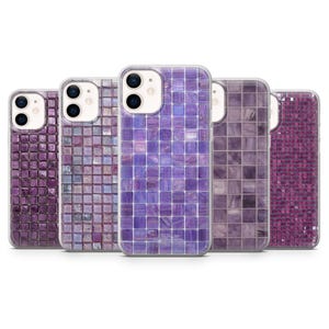 May include: Five mobile phone cases with a mosaic tile design in shades of purple. The cases have a clear border and a square tile pattern. The phone cases are arranged in a row, showcasing the different shades of purple.