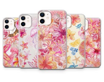 Funda tropical con estampado floral de playa rosa para iPhone 17Pro, 16, 15, 14, 13, Samsung S25, S24, S23, A56, A15, Pixel 10Pro, 9A, 8A, 8Pro, 7A