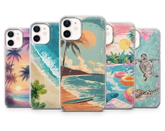 Funda para móvil con diseño playero y ambiente tropical oceánico para iPhone 17 Pro, 16, 15, 14, 13; Samsung S25, S24, S23, A56, A15; Pixel 10 Pro, 9A, 8A, 8 Pro, 7A