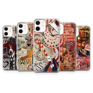 Puede incluir: Un conjunto de fundas para teléfonos con diseños únicos. Las fundas presentan una variedad de gráficos con temas de circo y vintage, incluyendo relojes, naipes, conejos y entradas de circo. La paleta de colores incluye rojo, blanco y dorado.
