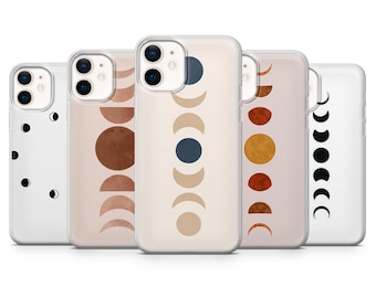 Funda minimalista celestial con fases lunares para iPhone 17 Pro, 16, 15, 14, 13; Samsung S25, S24, S23, A56, A15; Pixel 10 Pro, 9A, 8A, 8 Pro, 7A