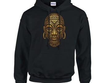 Afro Americana Hoodie – African Mask Gold Design, Unisex Classic Pullover, Gildan 18500