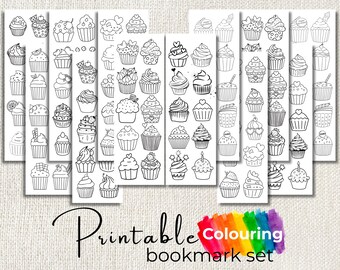 May include: A set of printable coloring bookmarks featuring various cupcake designs. The bookmarks are black and white line drawings, ready to be colored. The words "Printable Colouring bookmark set" are written on the image.