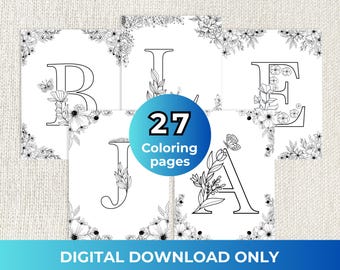 Monogram Coloring Book Printable Floral Alphabet Letters Digital Download