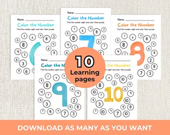 May include: A collection of ten printable learning pages for children. Each page features the text "Color the Number" and a number to color. The numbers are in various colors, surrounded by circles with numbers.