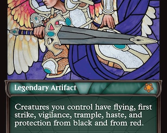 May include: A trading card titled Akroma's Memorial featuring a stained glass illustration of a figure with wings holding a large sword. The card text includes the name, a cost of 7, the type Legendary Artifact, and game rules text in white font.
