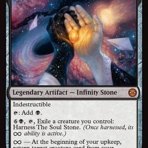 May include: A collectible trading card titled The Soul Stone, featuring an illustration of two hands holding a glowing orange orb against a cosmic nebula background. The card text includes game mechanics, the name, and a spider icon in the corner.