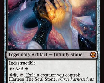 May include: A collectible trading card titled The Soul Stone, featuring an illustration of two hands holding a glowing orange orb against a cosmic nebula background. The card text includes game mechanics, the name, and a spider icon in the corner.