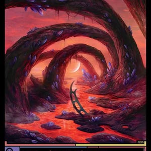 May include: A collectible game card titled BLOOD CRYPT featuring a landscape with red flowing liquid, dark curved tree-like structures, and purple crystal growths under a crescent moon. The card text includes LAND - SWAMP MOUNTAIN and BASH GAMING.